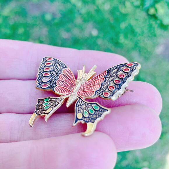 VTG 1950s Butterfly Brooch Gold Tone Black Colorful Enamel Cloisonné Style Pin - Picture 5 of 8